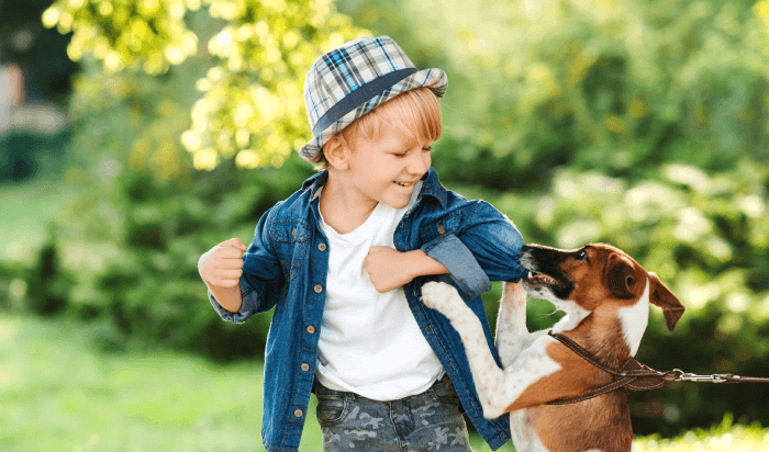A young boy happily interacts with a dog, showcasing the special connection between children and animals.
